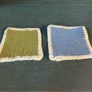 Handmade Crochet Pot Holders (Blue & Green w/White Trim) square 6x6 inches
